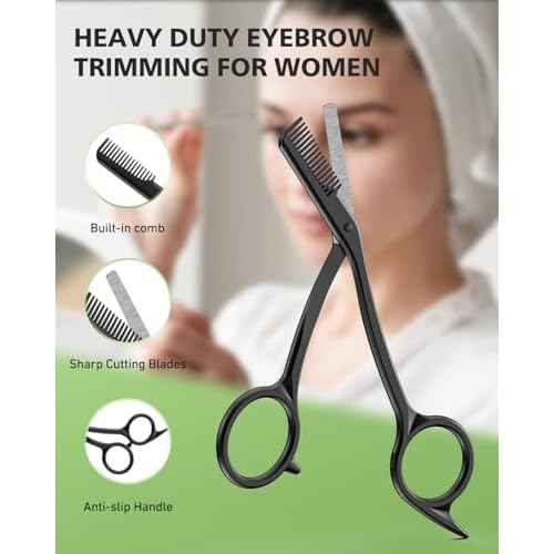 BALUCA Eyebrow Scissors with Comb | Professional Stainless Steel Eyebrow Trimmer for Women & Men | Dual-Design Precision Eye Brow Trimmer Scissors for Effortless Grooming, Silver (Black)