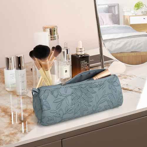 2pcs Set PU Leather Cosmetic Bag for Women - Floral Makeup Bag Portable Storage Purse for Makeup (Z-Blue-2 Case)