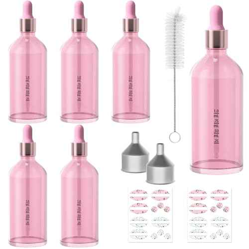 CycleMore 6 Pack Pink Glass Boston Bottles with Glass Scale Eye Droppers, Cosmetic Droppers for Beauty, Essential Oils, Makeup & More Liquids