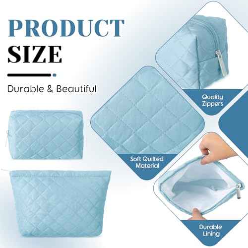 2 Pcs Pencil Case Quilted Makeup Bag Aesthetic Cosmetic Pouch for Women Puffer Travel Toiletry Bag Set Cotton Small Purse Pouch Makeup Organizer with Zipper(Blue)