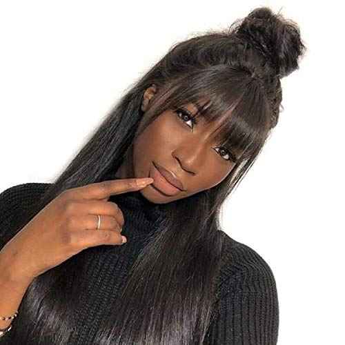 HLSK hair Mechine Made wig human hair natural black body wave 150% density with Pre Plucked Hairline with baby hair grade 10A hair wig (20, Straight wig with Bang)