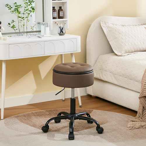 FIRAVOE Rolling Salon Stool, Adjustable Tattoo Stool 20.67’’-24.61’’, Coffee Brown Esthetician Swivel Chair