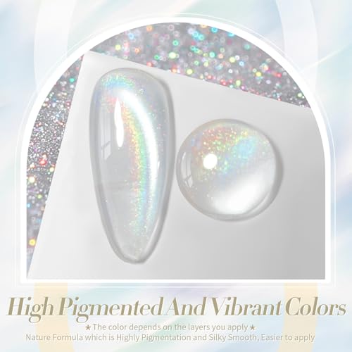 Born Pretty White Glitter Cat Magnetic Eye Gel Nail Polish, Holographic Glitter Iridescent Gel Nail Polish Soak Off Led Gel Nail Polish Nail Art Gel Manicure Salon DIY Gifts 15ML