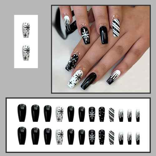 24Pcs Christmas Press on Nails Medium CEWEWP Coffin Snowflake Fake Nails Black Full Cover Acrylic Nails with Design Artificial Nails Xmas False Nails Black Flame Stick on Nails for Women