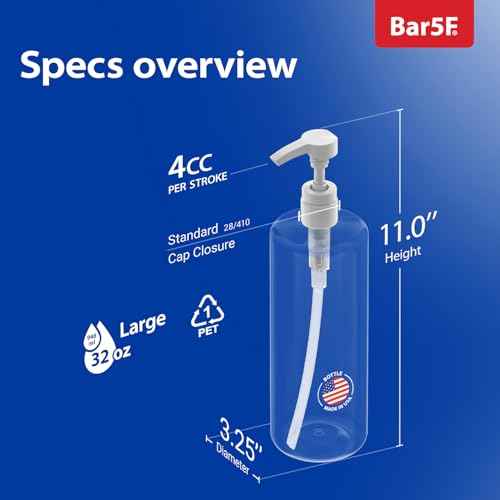 Bar5F Pump Bottle 32-Ounce 1-Liter Empty for Shampoo Conditioner Body Wash Lotion BPA-Free Crystal-Clear (Pack of 1)