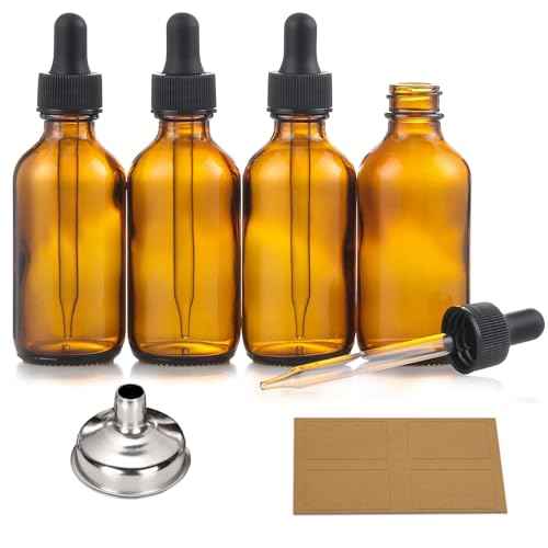 4 Pack, 2 oz Bottles with Dropper & 1 Funnel & 4 Labels - Essential Oils Bottles for Health, Personal Care & Beauty - 60ml Thick Dark Amber Glass Tincture Bottles, Refillable Cosmetic Containers