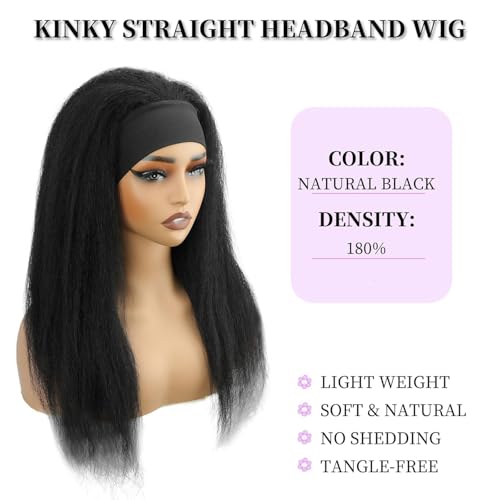 Kinky Straight Headband Wig 26 Inch Human Hair Headband Wigs for Black Women Glueless Yaki Straight Human Hair Headband Wigs Natural Black color