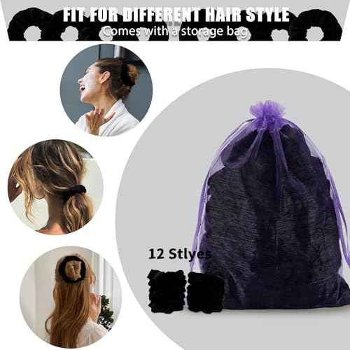 12 Pcs Classic Black Premium Satin Soft scrunchies,Velvet Scrunchies for Girls&Women, Hair Ties for Girls and Suitable for Various Occasions