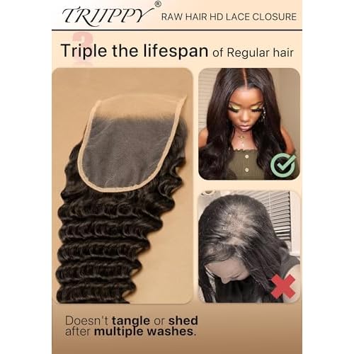 Triippy Raw Hair 5x5 HD Lace Closure Deep Wave More Less Shedding than Regular Virgin Hair,0.10mm Ultra-Thin 5x5 Swiss Real HD Lace with 100% Cambodian Raw Human Hair (14 Inch)