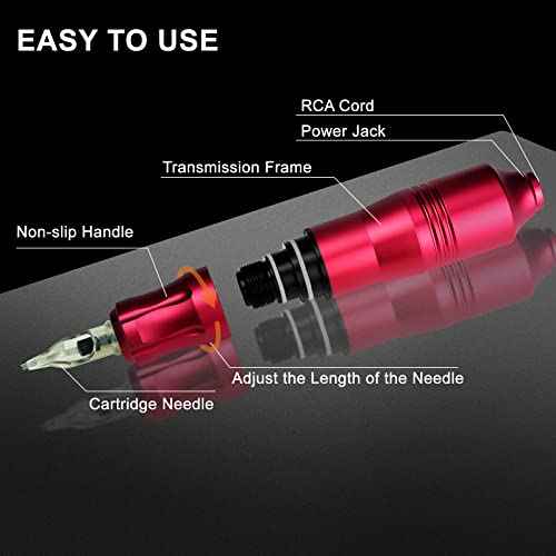 Tattoo Gun Kit for Beginners, Rotary Pen with Power Supply, Professional Ink Kit, Switch & Pigment, Light Tattoo Gun 6pcs Cartridge Needles, Complete Starter Set (Red)