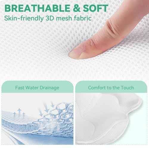 Bath Pillows for Tub - Luxury Bathtub Pillow Neck, Head, Back Support, Soft 4D Mesh Fabric and Non-Slip Suction Cups & Quick Dry, Fits All Tubs, Bath Soaking Accessories Spa Gifts, White