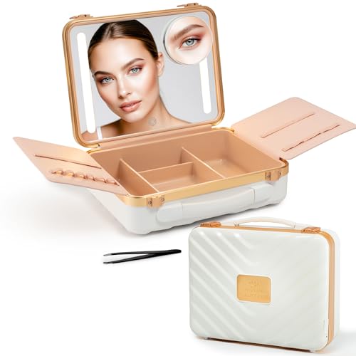 Lighted Makeup Case with Mirror - Portable Travel Makeup Organizer with LED Mirror, 3 Light Settings, Rechargeable Makeup Bag with Mirror and Light - Mini 10x Mirror included