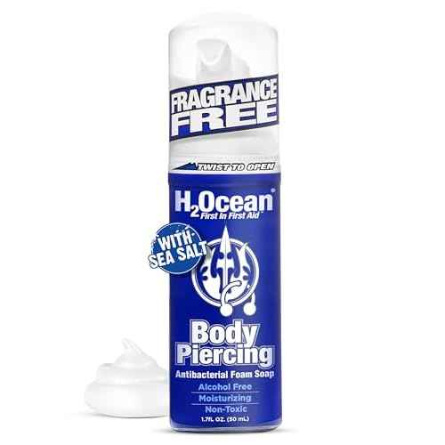 H2Ocean Body Piercing Foam Soap - Organic Sea Salt Aftercare with Aloe Vera, Alcohol-Free, Unscented, Vegan & Gentle Cleansing Tattoo and Piercing Soap for Healing & Moisturizing - 1.7oz