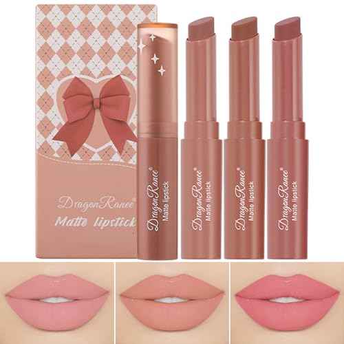 3 Colors Red Tube Lipstick, Cigarette Lipstick Set, Labiales Mate Velvet Lipstick Moisturizer & Smooth, Long Lasting 24 Hours Waterproof (Set A)