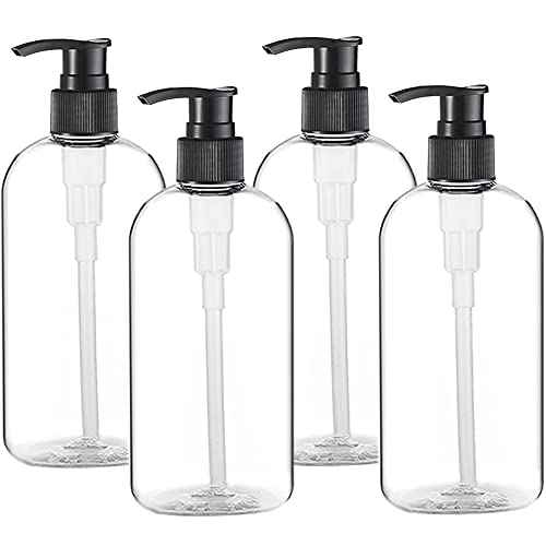 Empty Plastic Pump Bottles Dispenser 4 Pack 16oz/500ml Portable Clear BPA-Free Cylinder Shampoo Lotion Hand Pump Bottle Durable Refillable Containers