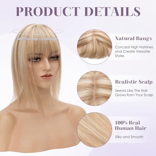 Hair Toppers for Women Real Human Hair 12 Inch Long Straight Toppers for Women with Thinning 7 * 13CM Silk Base Clip in Hairpieces with Bangs (Golden Brown & Bleach Blonde)