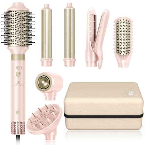 Hair Dryer Brush 8-in-1 Dual Voltage Hot Air Styler ? Fast-Drying 110,000 RPM Ionic Blow Dryer with Straightener & Curler Attachments, Frizz-Free Volumizing Styler with Protective Hard Case-Pink