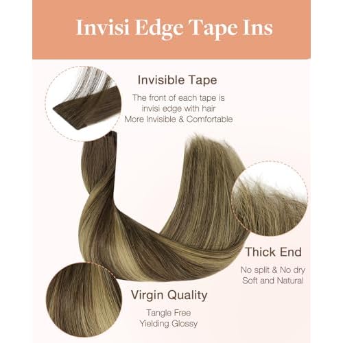 GOO GOO Invisi Edge Tape in Hair Extensions Human Hair, 4/27/4 Balayage Chocolate Brown to Caramel Blonde 20pcs 18inch 50g, Virgin Remy Hair, Seamless Injected Tape, Natural Look