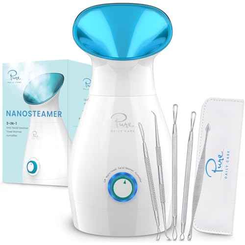 Pure Daily Care NanoSteamer Large 3-in-1 Nano Ionic Facial Steamer with Precise Temp Control - Humidifier - Unclogs Pores - Blackheads - Spa Quality - Bonus 5 Piece Stainless Steel Skin Kit (Teal)