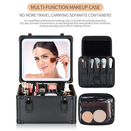 Makeup Case with Lighted Mirror, Travel Makeup Bag Organizer with 3CCT LED Mirror, Cosmetic Bag for Women with Adjustable Divider, Makeup Storage Box with Lock, Waterproof Travel Train Case