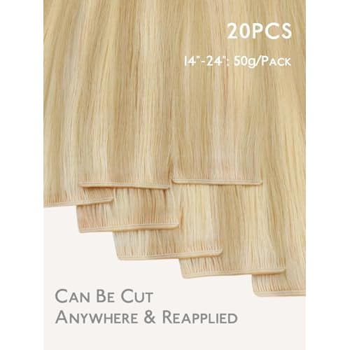 WENNALIFE Genius Seamless Tape in Hair Extensions Real Human Hair, 20 Inch 50g 20 pcs Light Blonde Highlighted Golden Blonde Tape in Hair Extensions Remy Hair Luxury Invisible Straight Hair Hand Tied