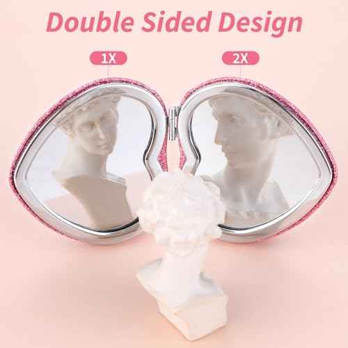 Compact Folding Mirror Heart Shaped Magnifying Mini Vanity Mirror Portable Travel Makeup Mirror for Purse Double-Sided Cute Glitter Cosmetic Mirror for Women Home Office