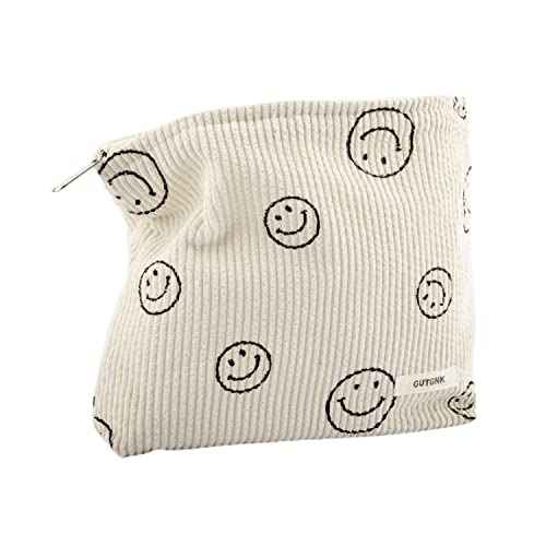 Makeup Bag For Women - Corduroy Cosmetic Bags Aesthetic Design Ladies Tote pouch Women's Pencil Case,Cute Smiley Face Makeup Organizer with Zipper (Beige)