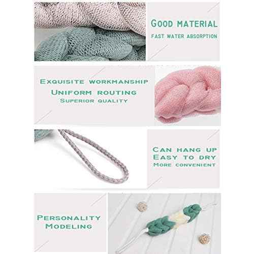 AARainbow 4 Packs Long Stretch Back Sponge with Rope Handles Back Scrubber Bath Shower Mesh Sponge Exfoliating Body Scrub Stretch Braided Loofah for Men and Women (B-1 Grey+1 Green+1 Pink+1 Coffee)