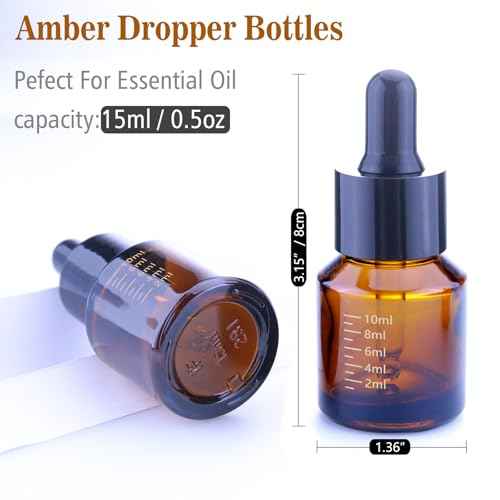 15ml Dropper Bottles with Measurement, Glass Essential Oil Jars Amber, 1/2 oz Bottles with Glass Eye Dropper for Essential Oil,Tincture