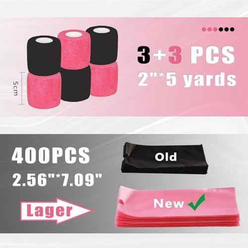 LEEYUKA 200Pcs Large Tattoo Machine Pen Covers with 6Pcs Grip Tape Machine Wrap Pink Tattoo Pen Sleeves with Self-Adhesive Tape Tattoo Supplies