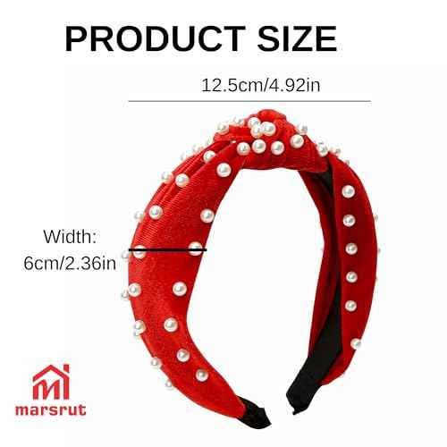 Marsrut Red Pearl Knotted Headband Women Girls, Fashion Cute Top Knot Velvet Hairband Non Slip Trendy Pretty for Valentines Christmas Easter, Beaded Wide Hair Accessories, Elegant Jeweled Embellished