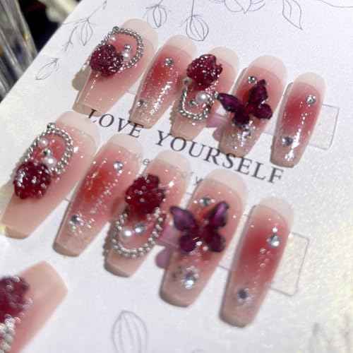24Pcs Medium Press on Nails Coffin Handmade Fake Nails 3D Rose Butterfly Nail Germs Shiny Luxury False Nail Full Cover Acrylic Glue on Nails for Women