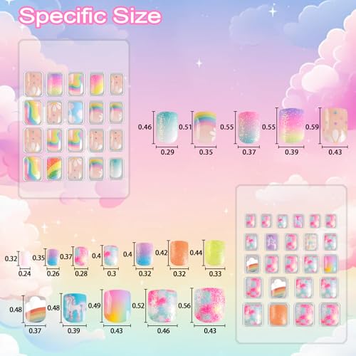 Allstarry 6 pack Children Nails Press on Pre-glue Full Cover Glitter Rainbow Flower Star Short False Nail Kits Lovely Gift for Children Little Girls Nail Art Decoration - Dreamy Rainbow