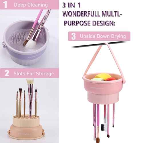 3 in 1 Brush Cleaning Mat with Brush Drying Holder, Silicone Makeup Brush Cleaner Mat Make Up Brush Cleaning Bowl Cosmetic Brush Washing Tool for Makeup Brush, Sponge, Powder Puff (Purple)