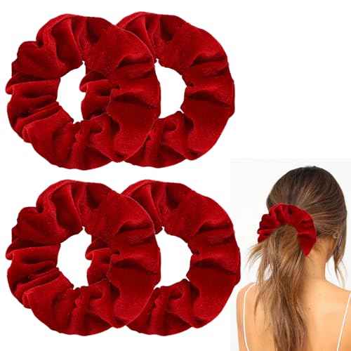 4 Pcs Hair Scrunchies Velvet Elastic Hair Band Thick Large Soft Scrunchy Ropes Curly Ponytail Holder Ties Gift for Wristband Girls Women Hair Accessories Valentine's Day(Red)
