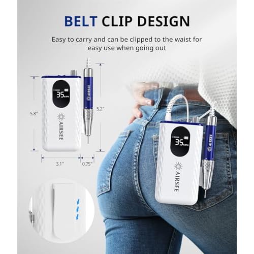 AIRSEE 35000 RPM Professional Electric Rechargeable Nail Drill File Machine for Acrylic Extension Gel Dip Powder Powerful Cordless Portable Efile 56 Sanding Bands 7 Bits LCD Scrn Salon Manicure Use G7