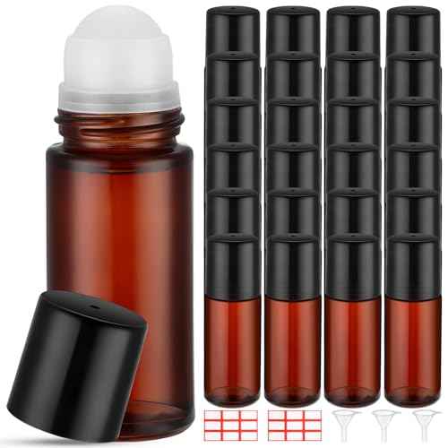 Sumind 24 Pcs 50ml Essential Oil Roller Bottles Glass Roller Deodorant Bottle Brown Roller Ball Container Empty Refillable Rollerball Bottle with Stainless Steel Roller Balls, Funnel and Sticker