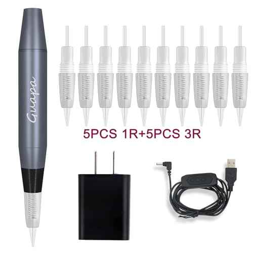 Portable Tattoo Machine Pen Eyebrow Lip Permanent Makeup Pen with 1R 3R Cartridge Needles for Ombre Brows Body Tattoo (Gray Machine Kit)