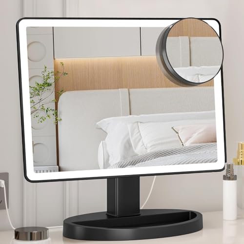 FUNTOUCH Large Lighted Makeup Mirror with Lights, 3 Color Lighting Modes Light Up Mirror with 88 LED, 10X Magnification and 360¡Æ Rotation Touch Screen Tabletop Cosmetic Vanity Make Up Mirror (Black)