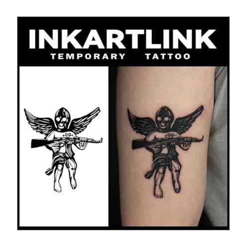 INKARTLINK Tattoo Tech, 2 Sheets Medium Semi Permanent Tattoo, Adult Art Design Temporary Tattoos, Lasts 1-2 Weeks, Waterproof, Realistic Look, No Adhesive, No Reflection (Gun-Wielding Angel Design)