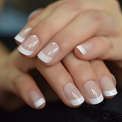 Natural French Tips, Glossy Nude White Press on Nails False Nails, Beauty Manicure Reusable UV Gel Fake Finger Nail Art for Daily Office Party