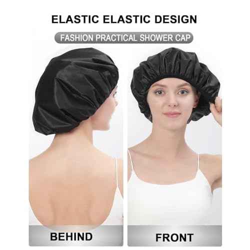 YIZIJIZI Terry Lined Shower Cap,Triple Layer Large Cap for Women,Shower Cap Reusable Waterproof,Long Thick Hair(Black)