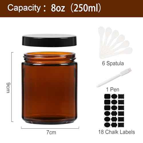 12 Pack 8 oz Round Amber Glass Cosmetic Jars with Black Lids, Spatula, Chalk Labels, Pen, Candle Holder, Refillable Containers for Makeup, Cream, Sugar Scrubs, Bath Salts