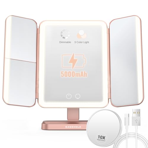 EASEHOLD Rechargable Makeup Mirror Vanity Mirror with Lights, 5000Mah & USB Cable, 112 LEDs Lighted Trifold Mirror with 1X 2X 3X 10X Magnification, Smart Touch, Portable Cosmetic Beauty Mirror