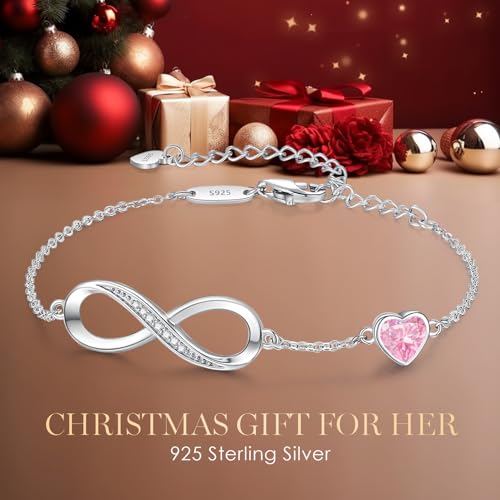 CDE Infinity Heart Birthstone Charm Link Bracelet for Women 925 Sterling Silver Adjustable Mother's Day Gift Anniversary Birthday Jewelry for Wife Girlfriend Her