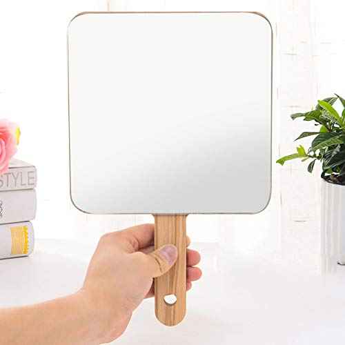 TOF&HAMY Handheld Travel Mirror with Handle, Dressing Table Mirror, Wood Handheld Plain Mirror, Square and Round, Cosmetic Salon Makeup Hand Mirror for Professional Barbers and Hairdressers,19 * 19cm