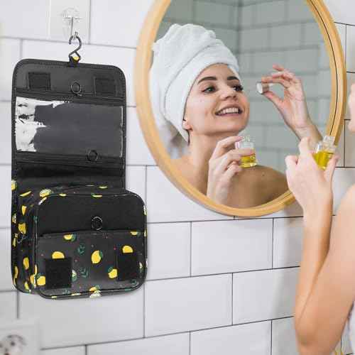 Foldable Hanging Travel Toiletry Bag,Waterproof Portable Travel Bags, Multifunction Travel Makeup Cosmetic Bag Organizer with Hanging Hook (Black Lemon)