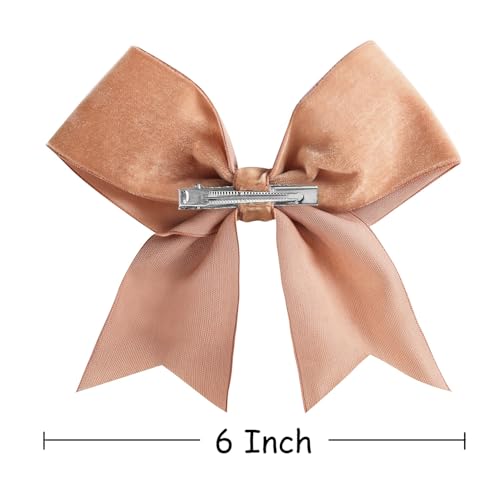 6" Velvet Cheer Bow for Girls - Large Tail Hair Clip, Great for Christmas, Halloween, St. Patrick¡¯s Day, and Cheerleading - Light Brown