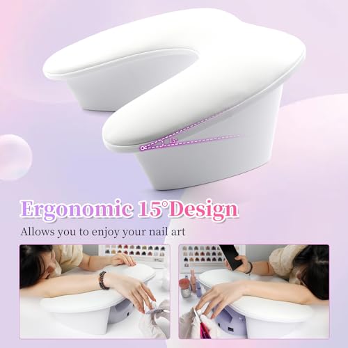 Arm Rest for Nails Tech, U Shaped Soft PU Leather Nail Arm Rest,Ergonomic Slope Angle Hand Rest for Nails Tech,Professional Salon Manicure Arm Rest Cushion (White)
