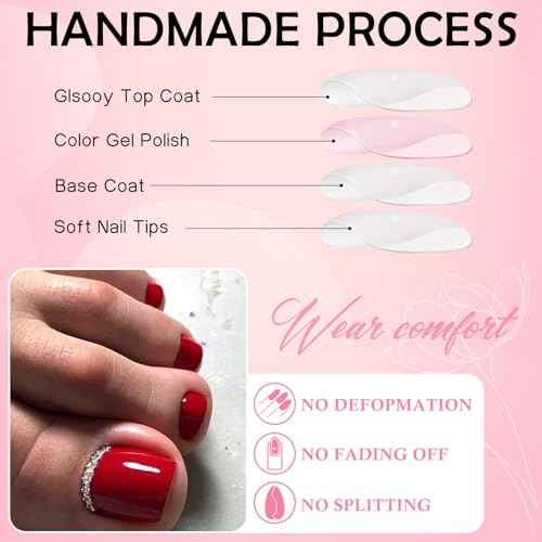 LoveOurHome 240pc Red Press on Toenails Women Fake Toe Nails with Glue Tabs, Dark Red Fake Toenails Press on Toes Nail Glue on Toenail Acrylic Toe Nail Tips Gel Artificial False Stick Toenail Tip